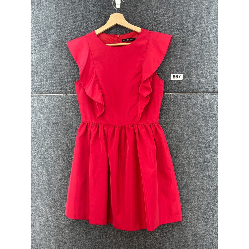 ZARA Basic Red Ruffle Flutter Sleeve Pleated Mini Dress Small